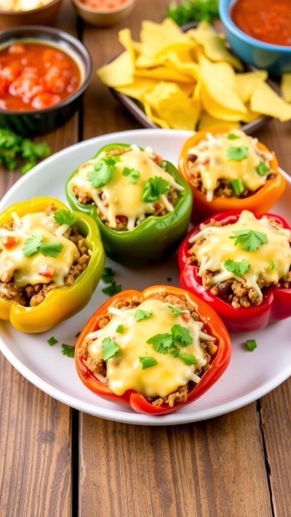 Colorful stuffed bell peppers filled with taco mixture, garnished with cilantro, on a wooden table with salsa.